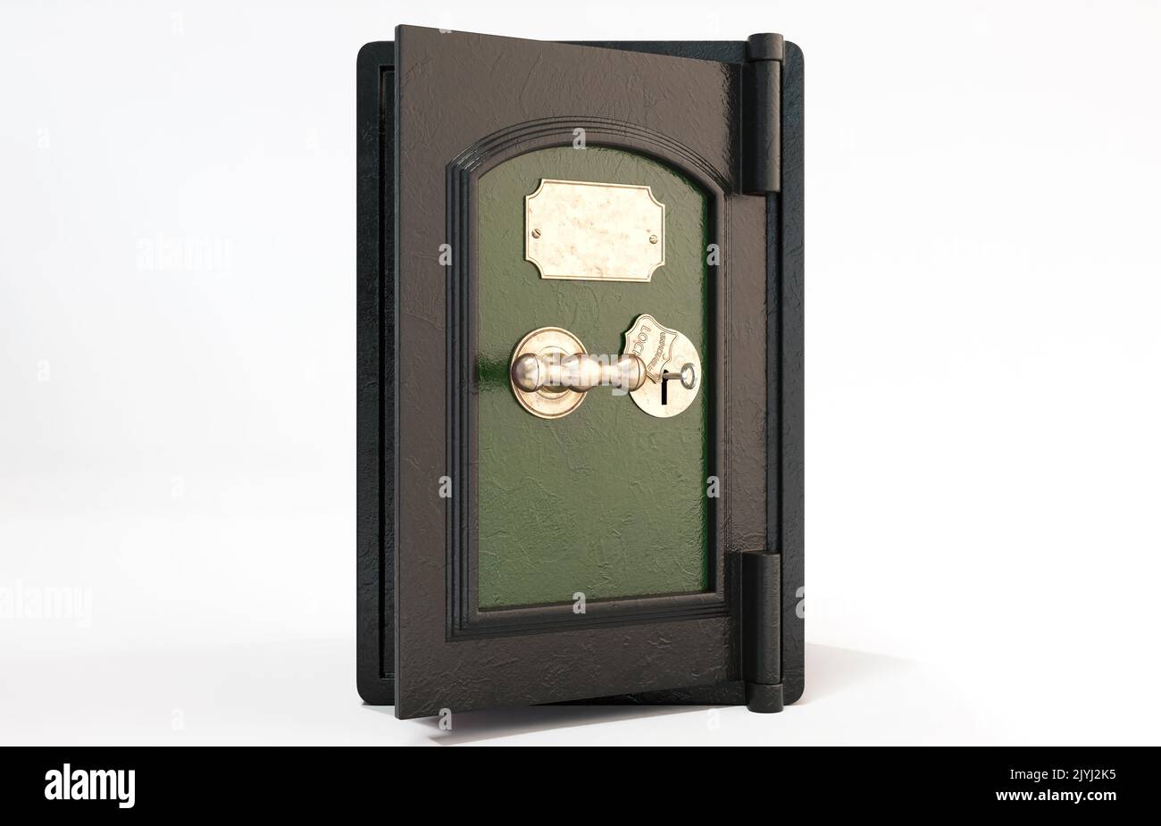 A half opened heavy cast iron vintage floor safe with brass fittings on an isolated background - 3D render Stock Photo