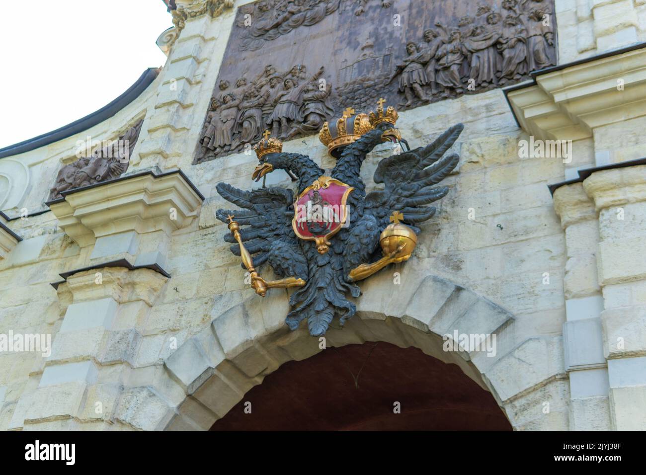 RUSSIA, PETERSBURG - AUG 19, 2022: eagle russia petrovsky petersburg fortress double architecture symbol st, for old sign in coat for saint gates, no Stock Photo