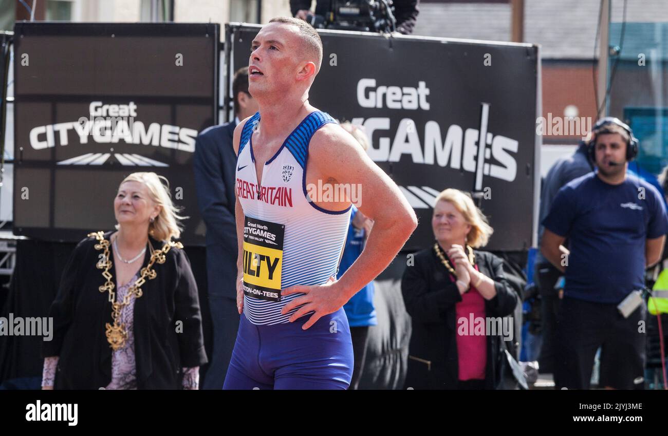 The Great North City Games were held in Stockton on Tees ,England in the High Street and the Riverside . Local favourite Richard Kilty won his race. Stock Photo
