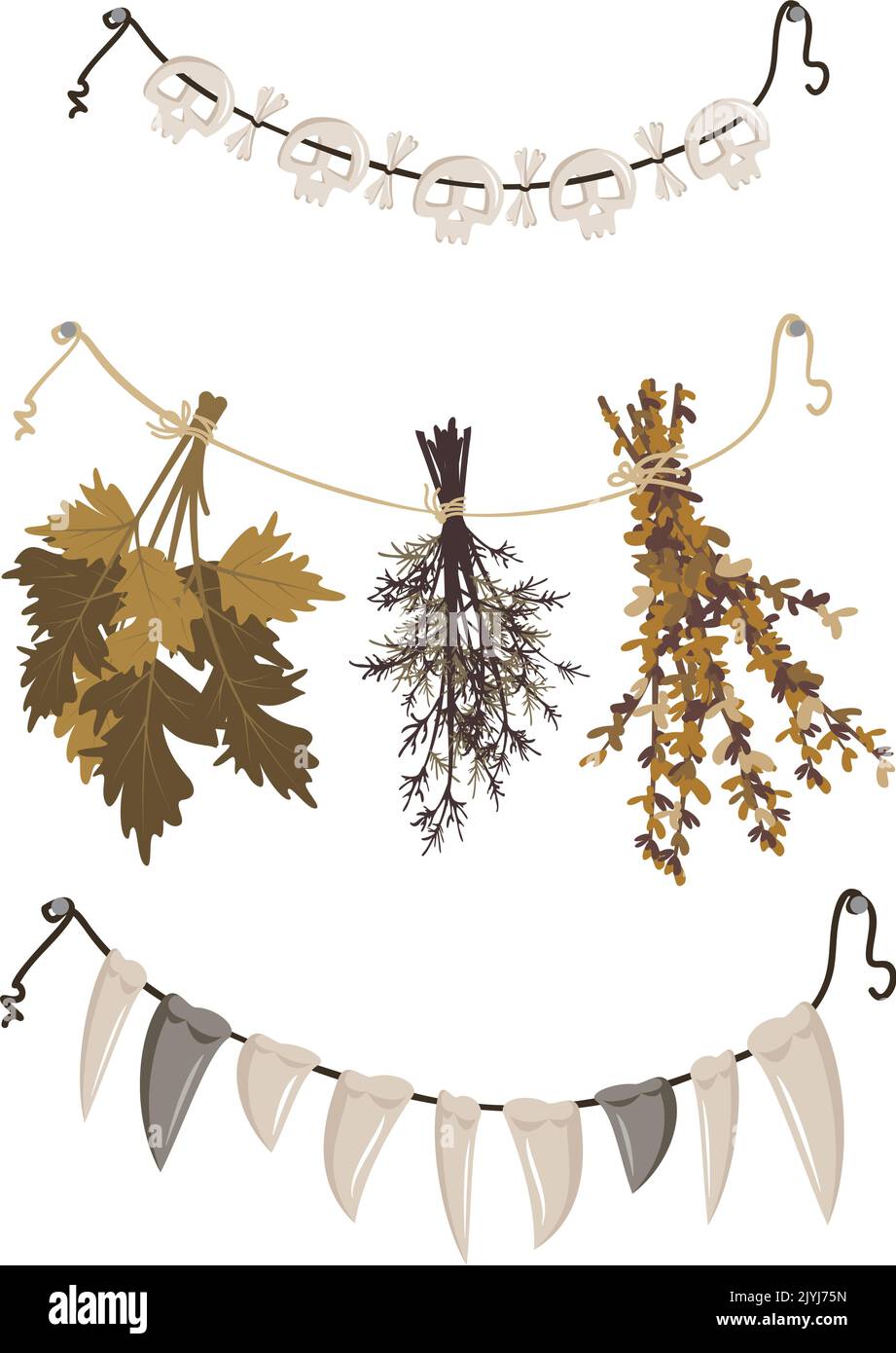 Bunches of dry grass hang from a rope and beads with fangs and skulls. Harvest stock, bath broom or witch herb for potion. Festive decoration for Halloween. Vector flat illustration Stock Vector