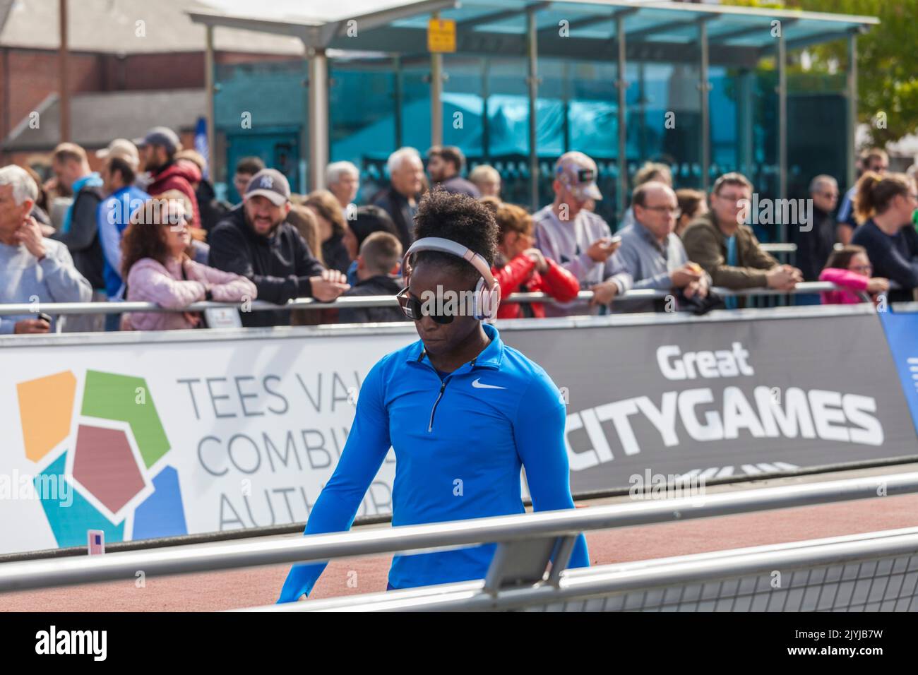 A female long jumper,Tianna Bartoletta, prepares for her jump in the Great North City Games were held in the High Street ,Stockton on Tees,England,UK Stock Photo