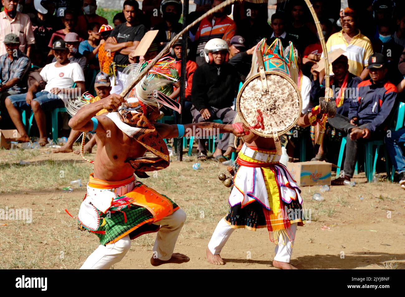 Fighting spirit of Manggarian people at west Flores Indonesia as performed in Caci festival Stock Photo