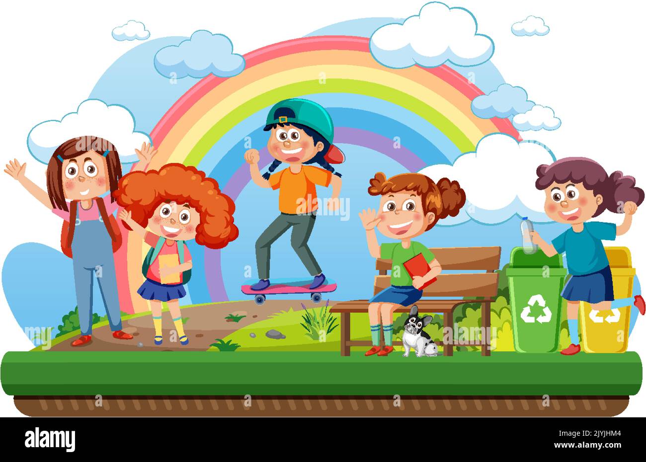 Happy children with rainbow in the sky illustration Stock Vector Image ...