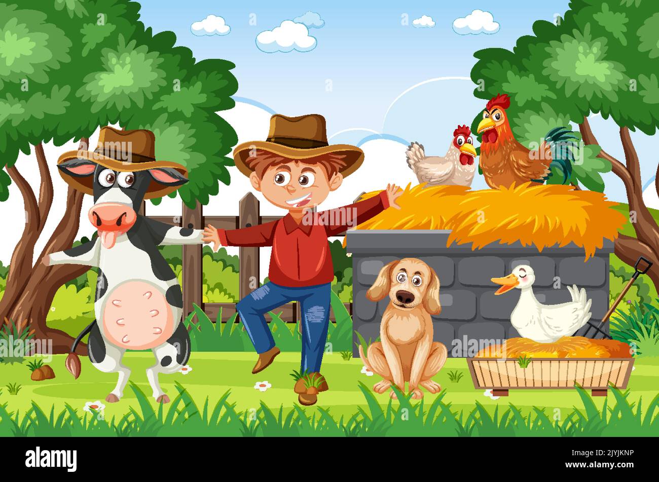 Happy farmer with animals at farm illustration Stock Vector Image & Art ...