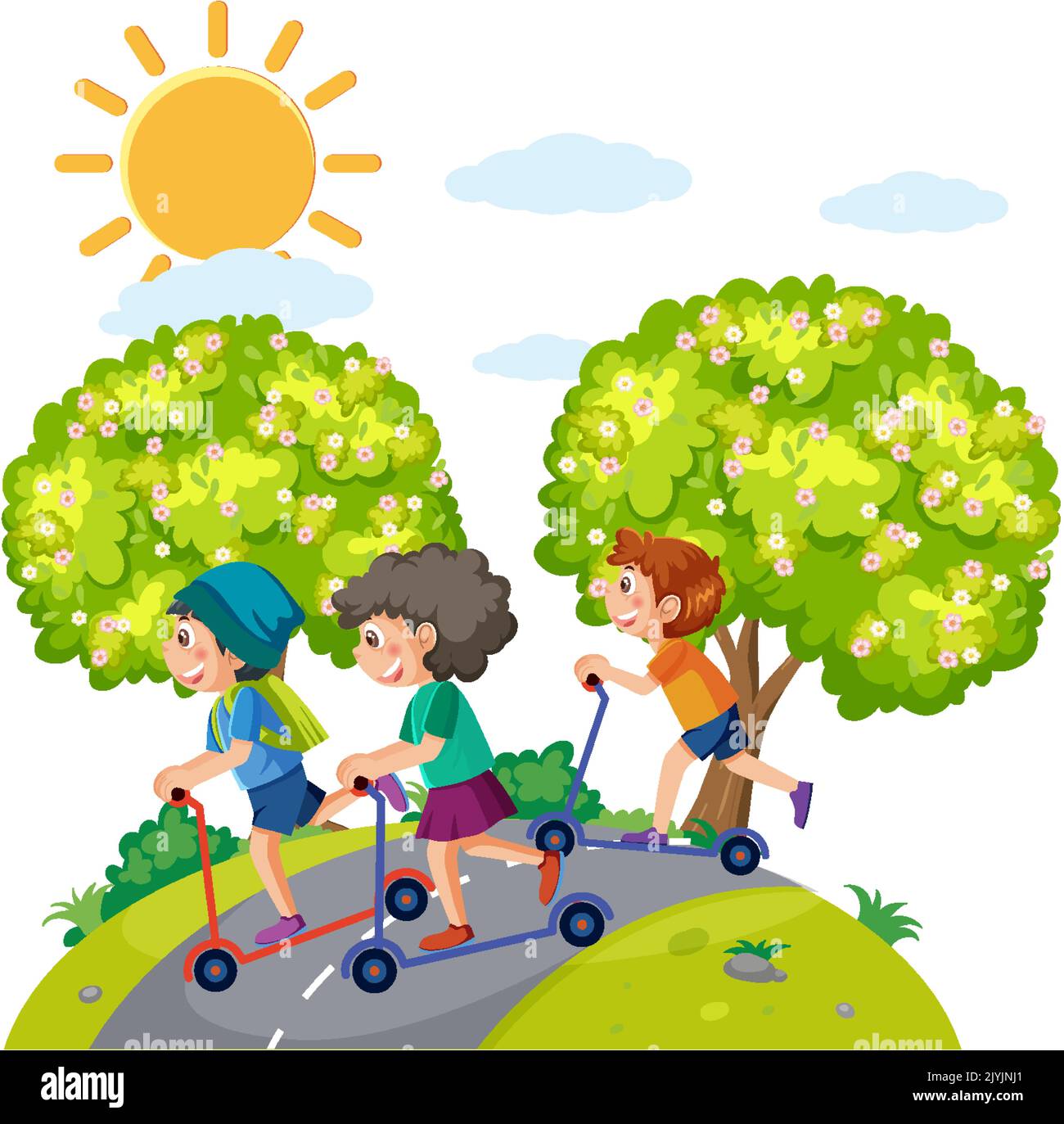 children-rising-scooter-at-park-illustration-stock-vector-image-art
