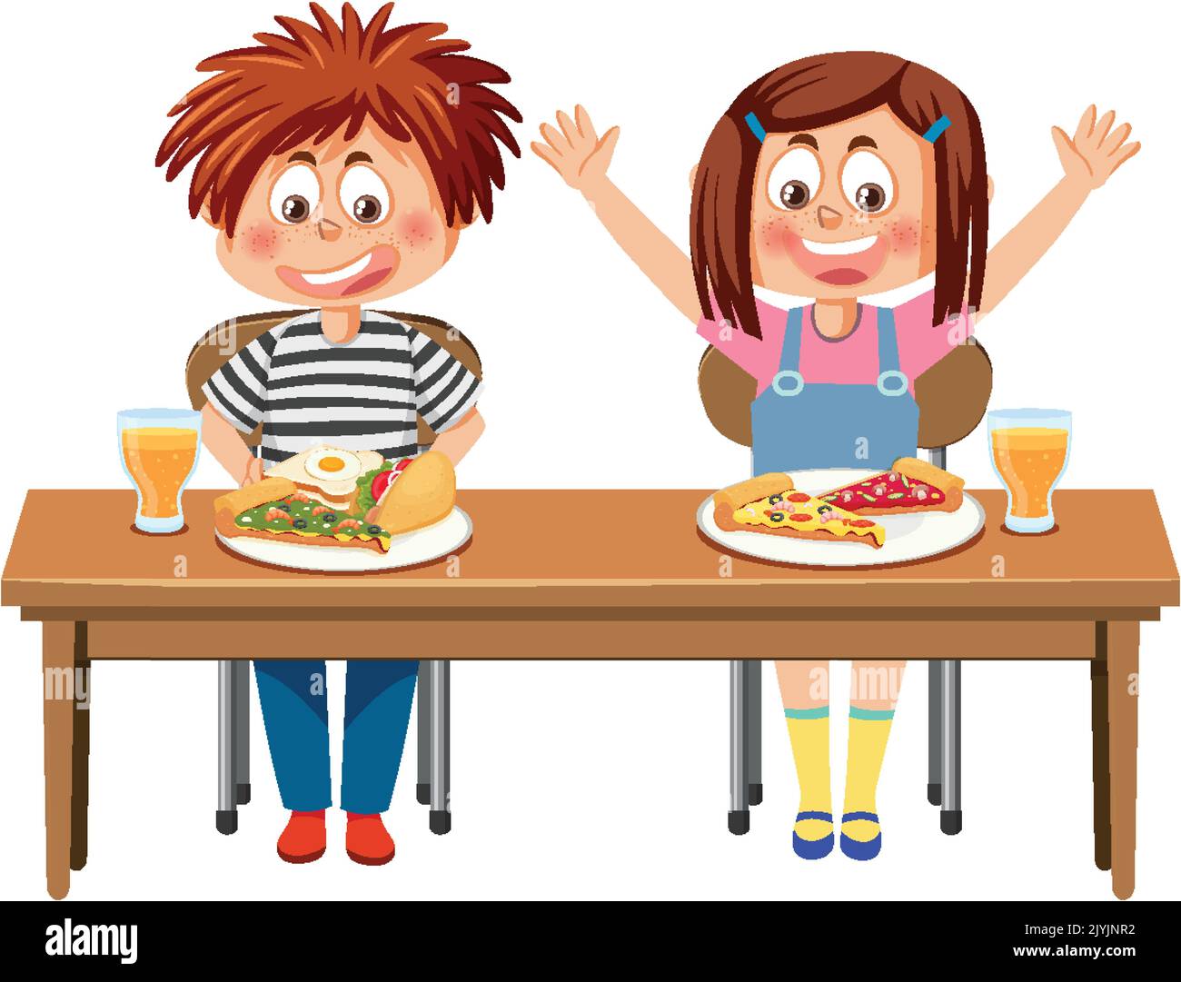 Multiracial kids sitting at table in school canteen and greeting newcomer  boy holding tray with food. Children s relationships concept. Vector  illustration for banner, website, poster, advertisement. Stock Vector