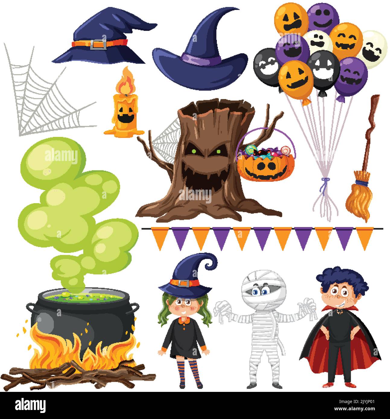 Set of halloween cartoon characters and elements illustration Stock ...