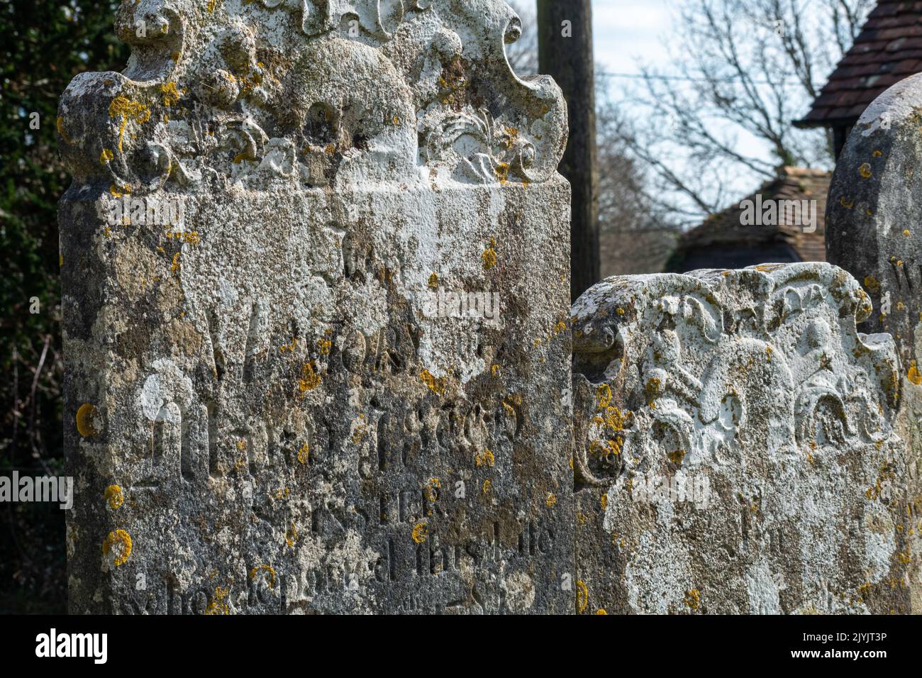 A gravestone with skull and crossbones in a church yard in Warbleton