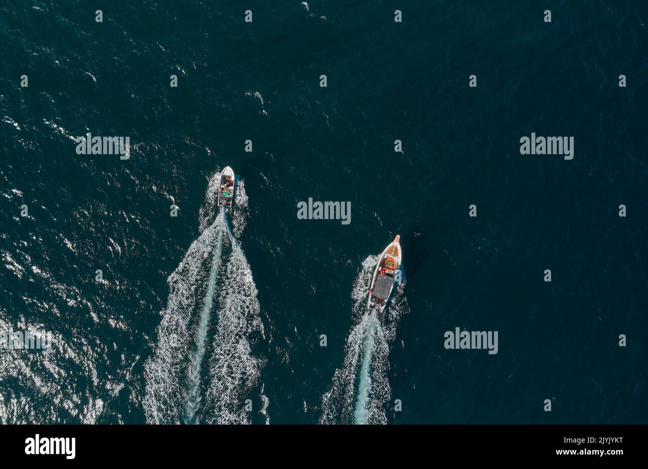 Aerial view of traditional fishing boat in Caraballeda with crystal clear turquoise sea, La Guaira, Venezuela. Stock Photo