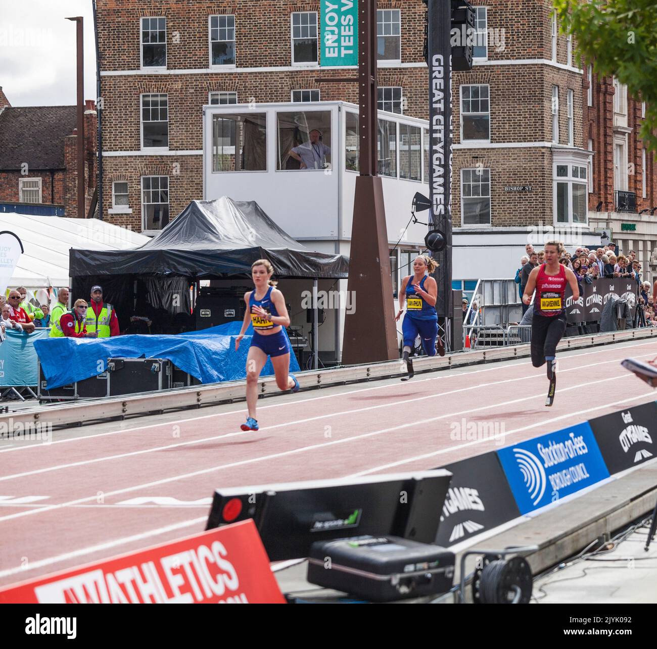 Sophie Hahn winning her sprint race in the Great North City Games which were held in the High Street, Stockton on Tees,England,UK Stock Photo