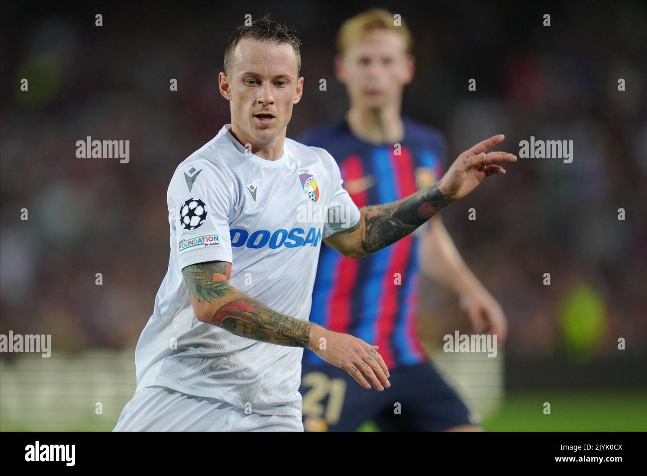 Barcelona, Spain. 07th Sep, 2022. Jan Sykora of Viktoria Plzen during the UEFA Champions League match between FC Barcelona and Viktoria Plzen, Group C, played at Spotify Camp Nou Stadum on Sep 7, 2022 in Barcelona, Spain. (Photo by Colas Buera/PRESSIN) Credit: PRESSINPHOTO SPORTS AGENCY/Alamy Live News Stock Photo