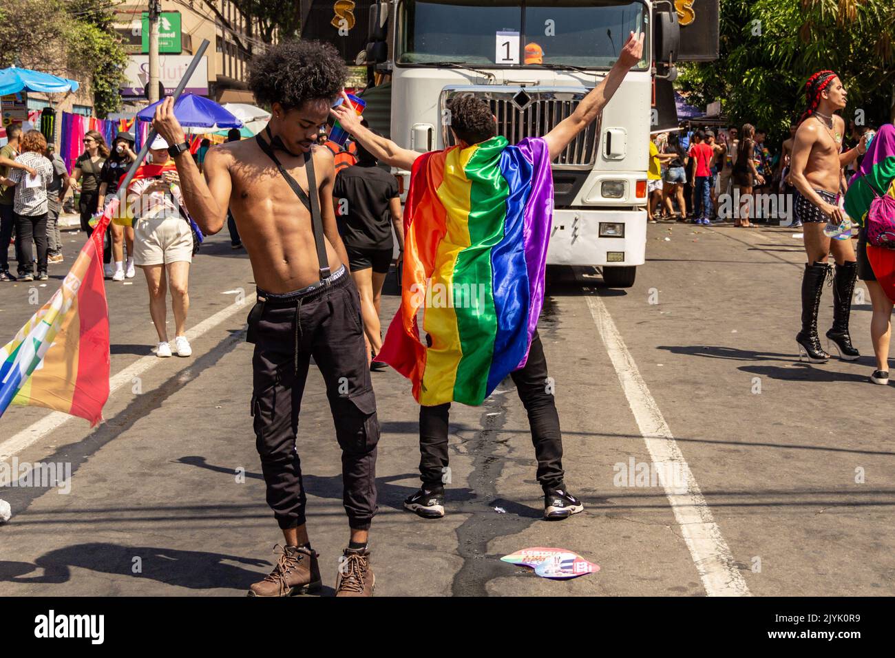 Goiânia, Goias, Brazil – September 04, 2022: Two young people dancing during the LGBTQIA+ Pride Parade in Goiania, Brazil. Stock Photo