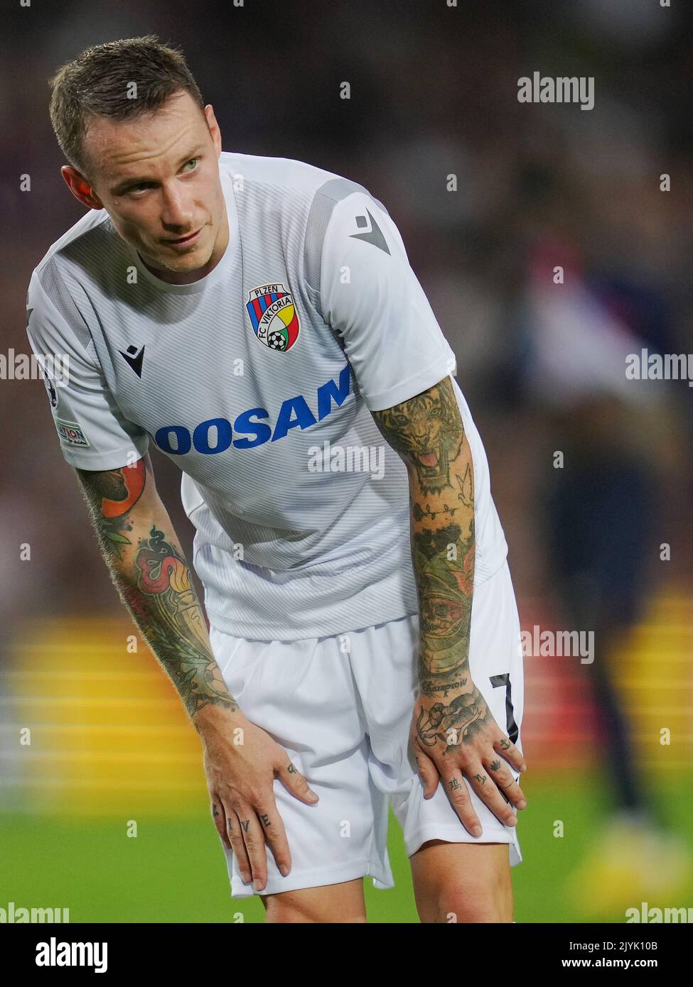 Barcelona, Spain. 07th Sep, 2022. Jan Sykora of Viktoria Plzen looks ahead during the UEFA Champions League match between FC Barcelona and Viktoria Plzen, Group C, played at Spotify Camp Nou Stadum on Sep 7, 2022 in Barcelona, Spain. (Photo by Colas Buera/PRESSIN) Credit: PRESSINPHOTO SPORTS AGENCY/Alamy Live News Stock Photo