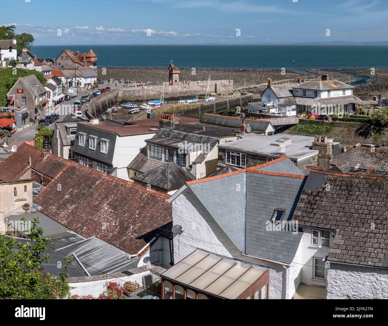 The picturesque North Devon seaside village of Lynmouth sits at the confluence of the East and West Lyn rivers and is connected to Lynton, 210 metres Stock Photo