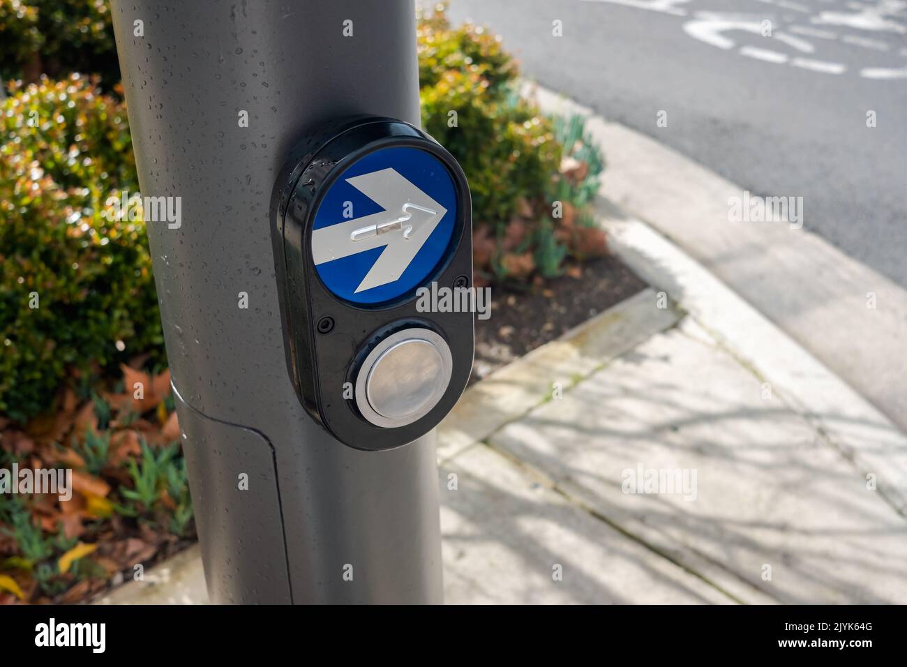Pedestrian crossing control activation button on a traffic light pole in South Australia on a day Stock Photo