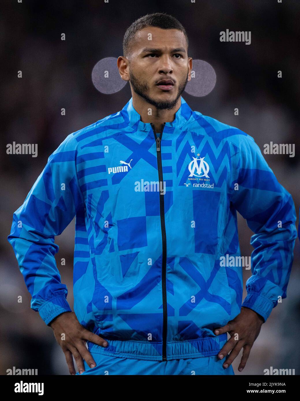 LONDON, ENGLAND - SEPTEMBER 07: Colombian footballer Luis Suarez of Olympique Marseille looks on during the UEFA Champions League group D match betwee Stock Photo