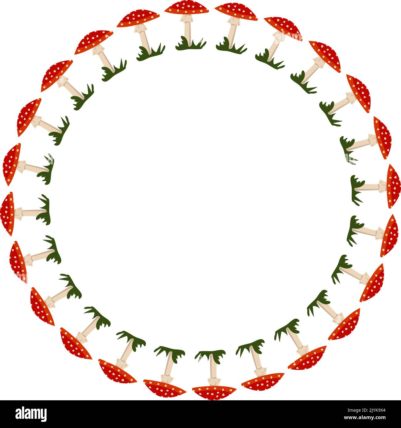 Round frame with red fly agaric mushroom with white dots. Bright autumn wreath with gifts of nature and empty space for text. Decoration for halloween and holiday. Vector flat illustration Stock Vector