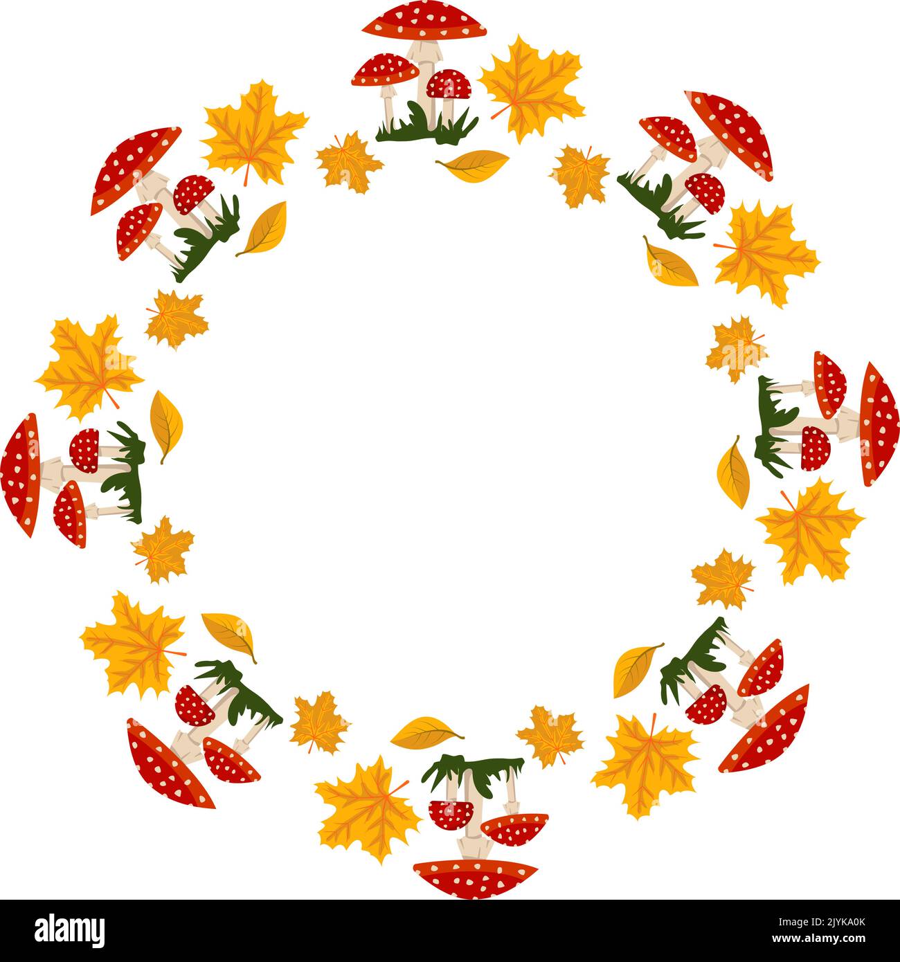 Round frame with red fly agaric mushroom with white dots and yellow maple leaves. Bright autumn wreath with gifts of nature and empty space for text. Decoration for halloween and holiday Stock Vector