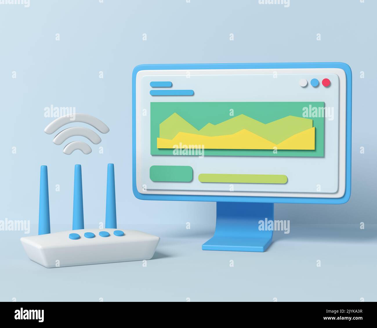 Computer with a router and WiFi symbol. Monitor with information and a