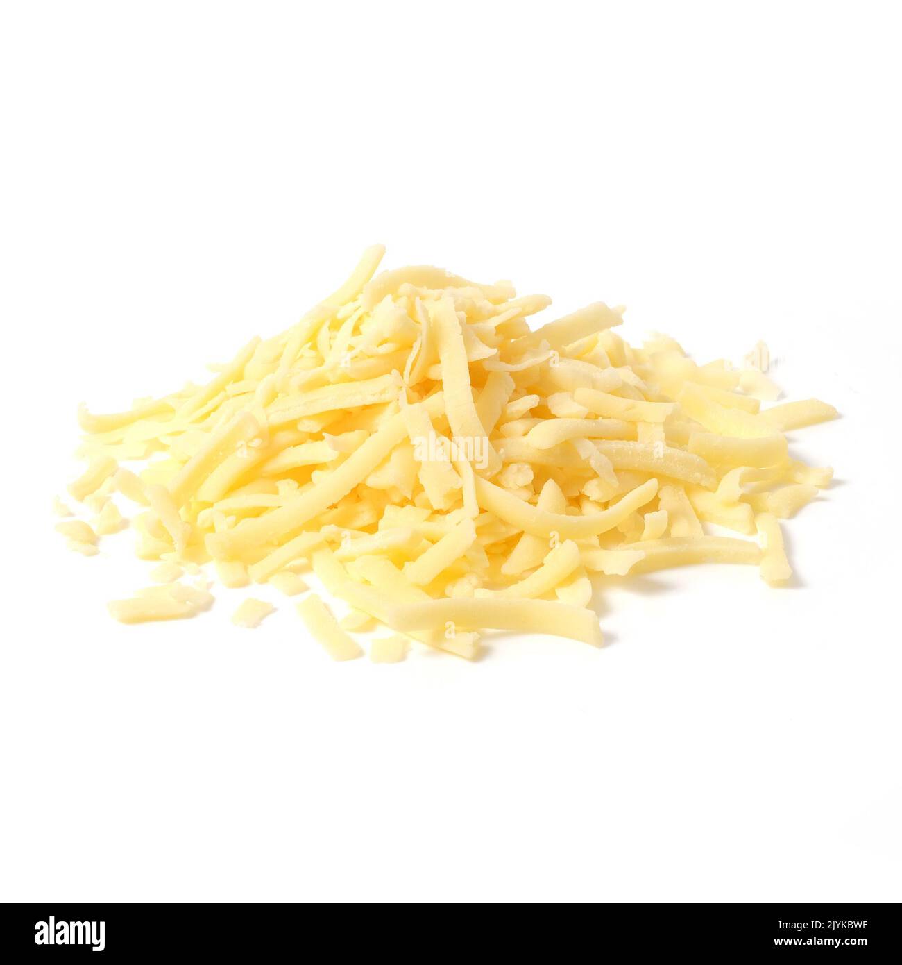 Pile of grated cheddar cheese isolated on white background cut out Stock Photo