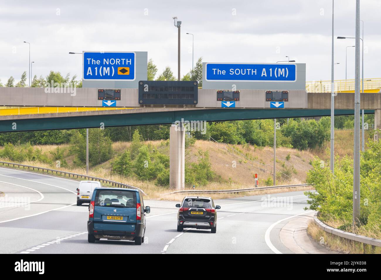 The North The South motorway signs Junction 41 of the A1(M) and Junction 32A of the M62 near Ferrybridge, West Yorkshire, England, UK Stock Photo