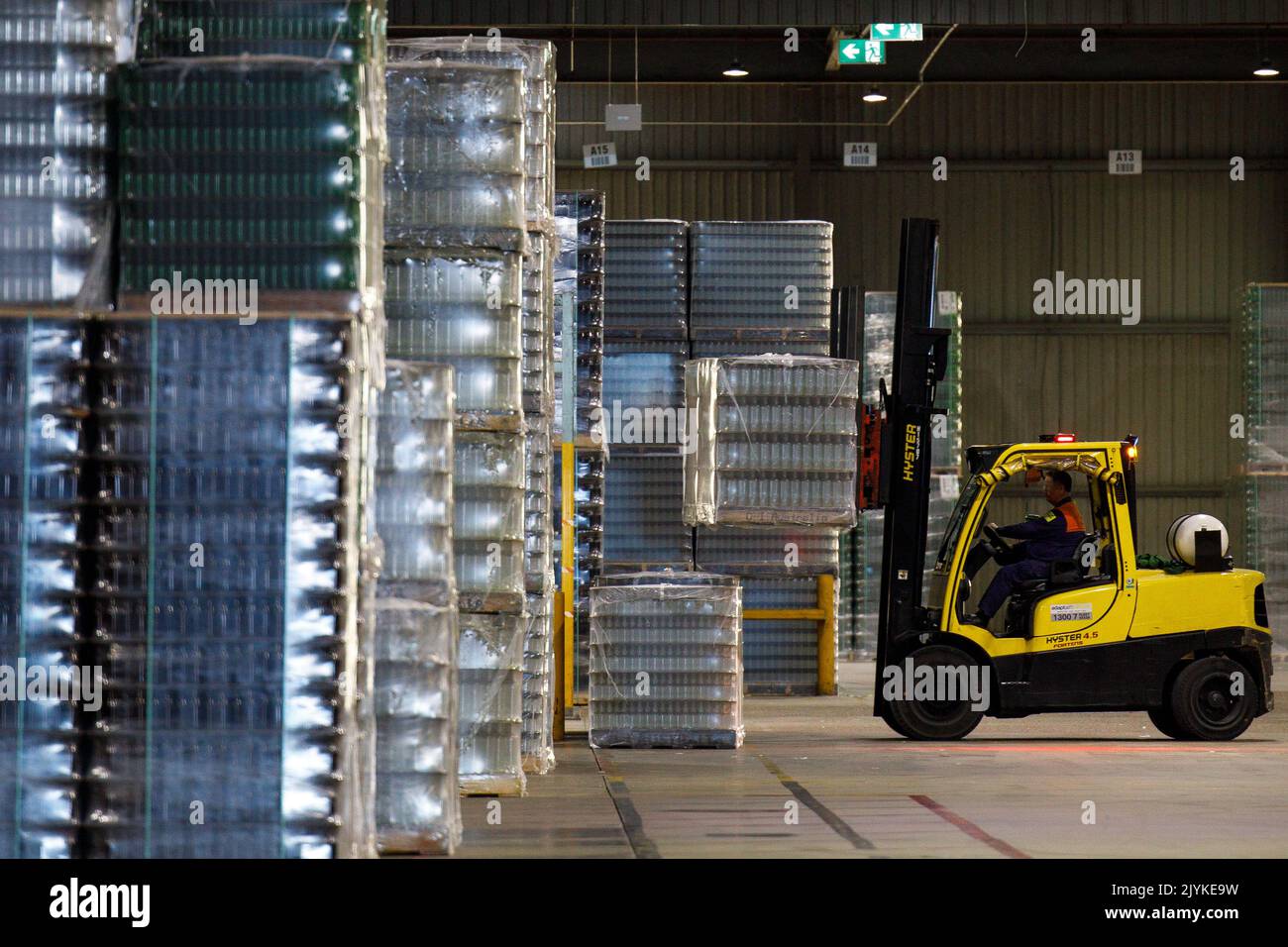 A general view of stacked glass bottles inside the Visy Manufacturing