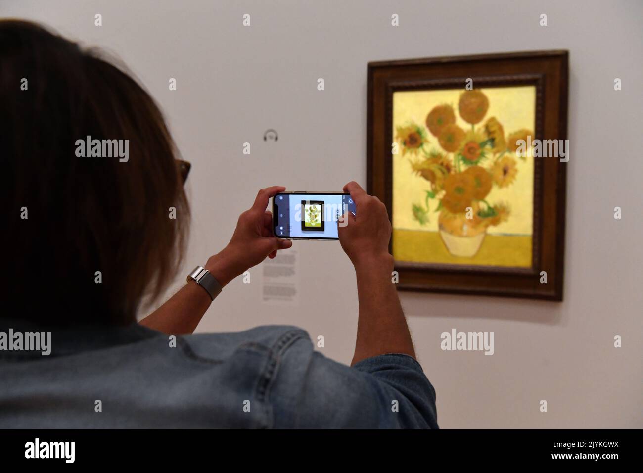 A members of the public photographs “Sunflowers” by Vincent Van Gogh in
