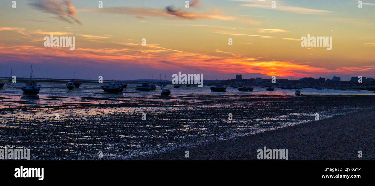 Sunset at Shoebury common beach looking towards Southend on sea pier