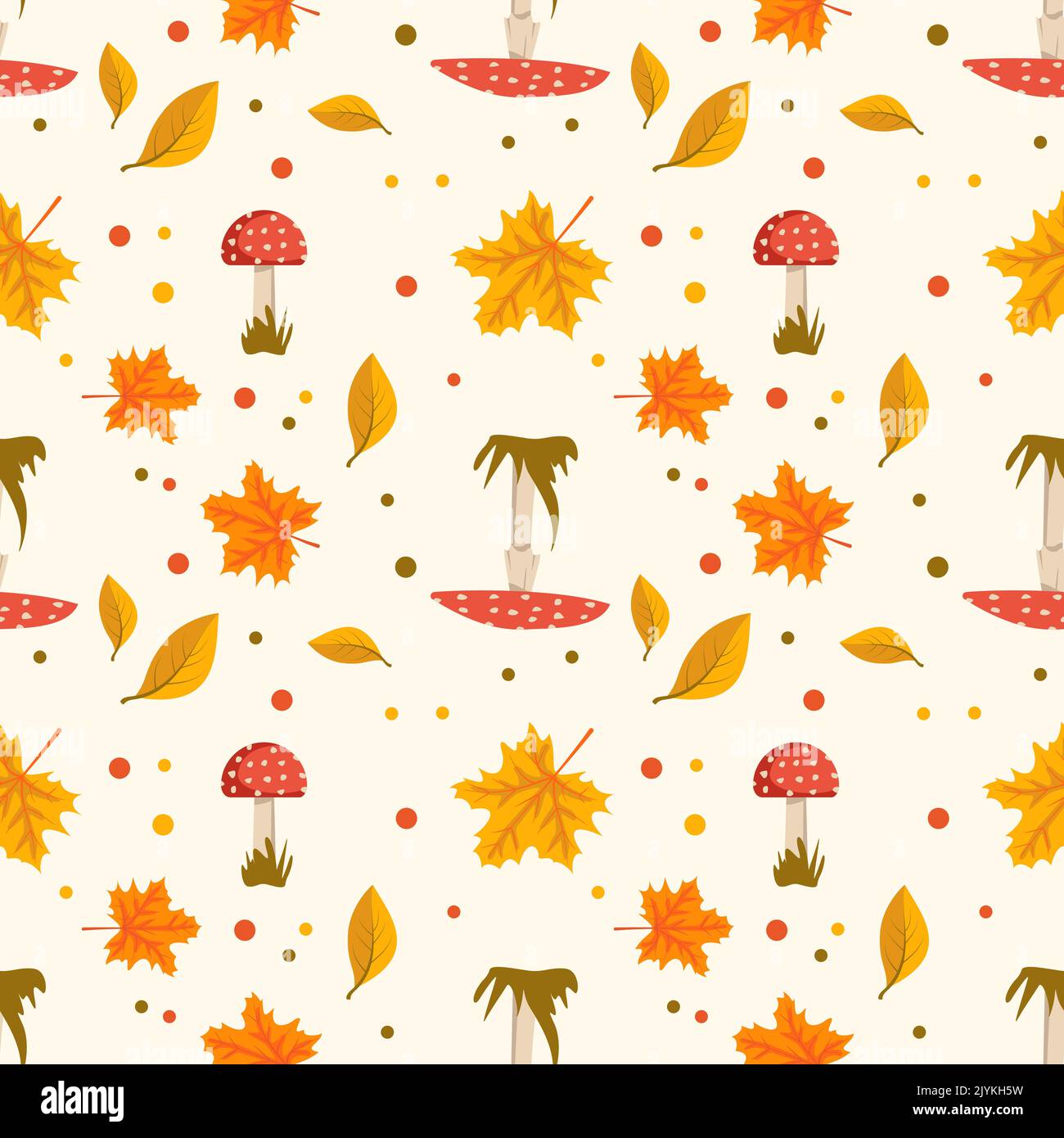 Autumn seamless pattern with orange maple, rowan leaves and fly agaric mushrooms with red caps and white dots. Bright fall print. Decoration for holiday. Vector flat illustration Stock Vector
