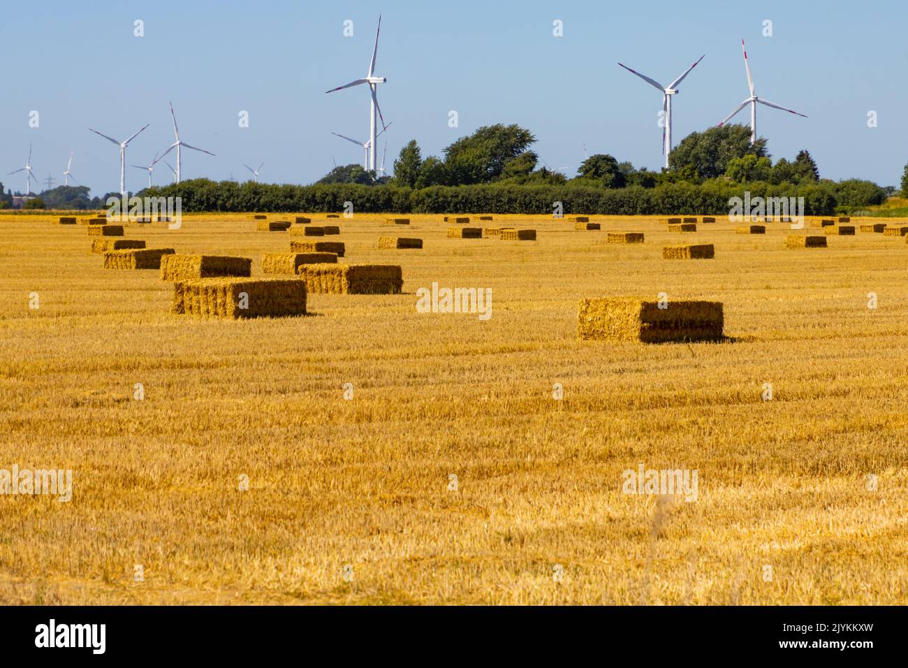 Renewable energy wind turbines behind a freshly harvested agricultural field with square hay bales Stock Photo