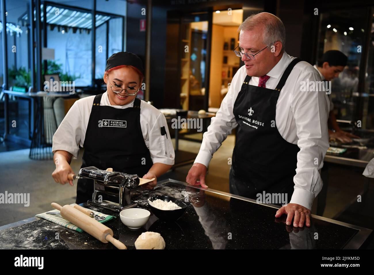 Prime Minister Scott Morrison chats with apprentice chef Christianne
