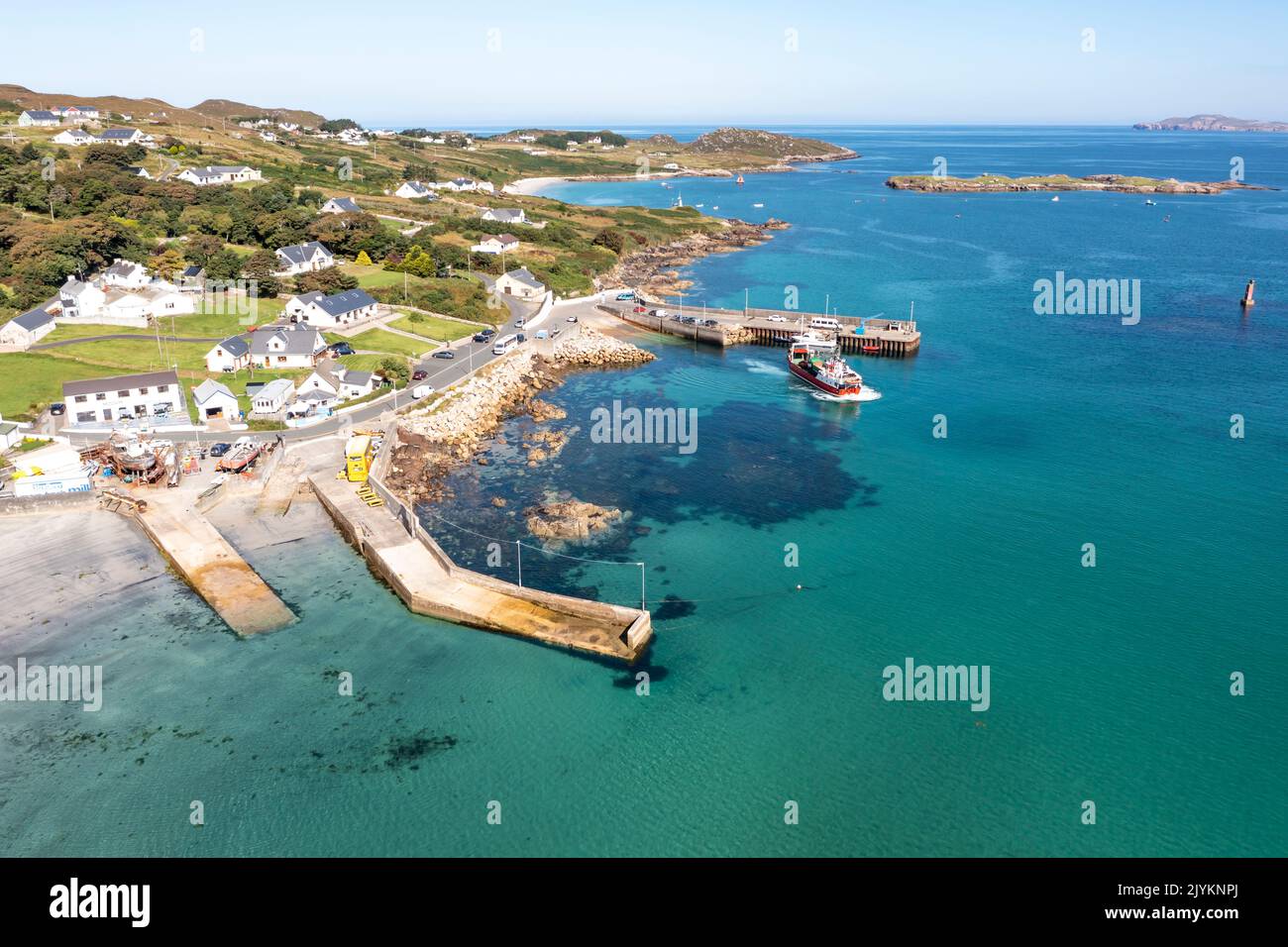 Aerial view of the pier Leabgarrow on Arranmore Island in County Donegal, Republic of Ireland. Stock Photo