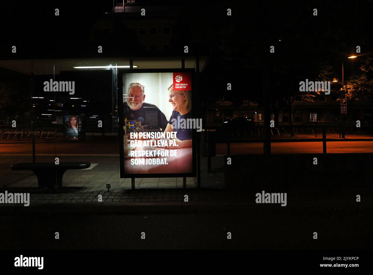 The Swedish parliamentary election takes place on Sunday, September 11. Here you can see election advertising, at a bus station, from different political parties. In the picture: Swedish Prime Minister Magdalena Andersson (s), from The Swedish Social Democratic Party. Stock Photo