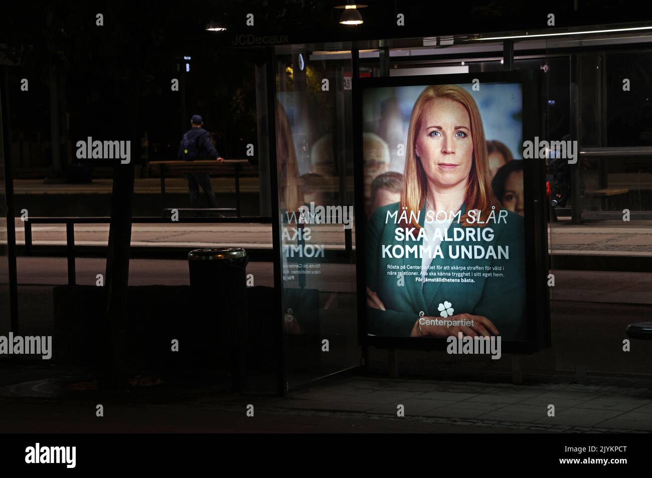 The Swedish parliamentary election takes place on Sunday, September 11. Here you can see election advertising, at a bus station, from different political parties. In the picture: The Centre Party's (In Swedish: Centerpartiet) party leader Annie Lööf. Stock Photo