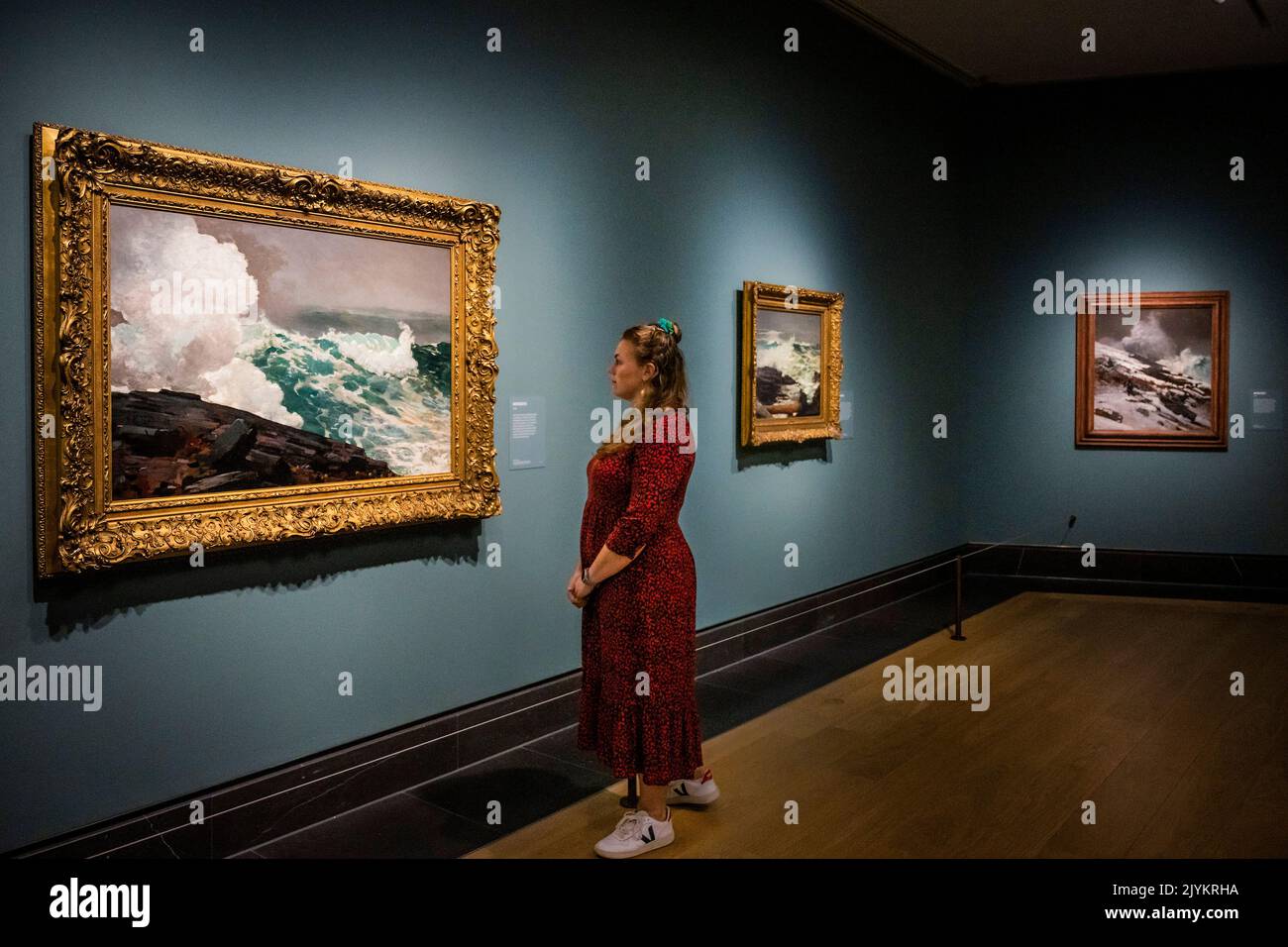 London, UK. 8th Sep, 2022. Northeaster, 1895, with Driftwood, 1909, and other pure seascapes - Preview of Winslow Homer: Force of Nature at the National Gallery. He was one of the most celebrated American painters of the late 19th and early 20th centuries. This exhibition, which will display around 50 paintings and watercolours from public and private collections, spanning over 40 years. It is co-organised with The Metropolitan Museum of Art, New York and runs 10 September 2022 - 8 January 2023. There is no painting by Homer in a UK public collection. Credit: Guy Bell/Alamy Live News Stock Photo