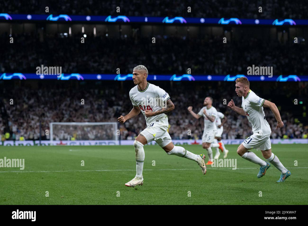 LONDON, ENGLAND - SEPTEMBER 07: Richarlison of Tottenham Hotspur celebrates with Dejan Kulusevski after scoring opening goal during the UEFA Champions Stock Photo