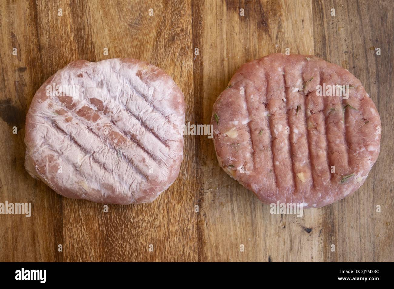frozen assorted hamburgers of white and red meat Stock Photo