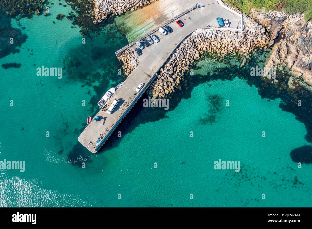 Aerial view of the pier Leabgarrow on Arranmore Island in County Donegal, Republic of Ireland. Stock Photo