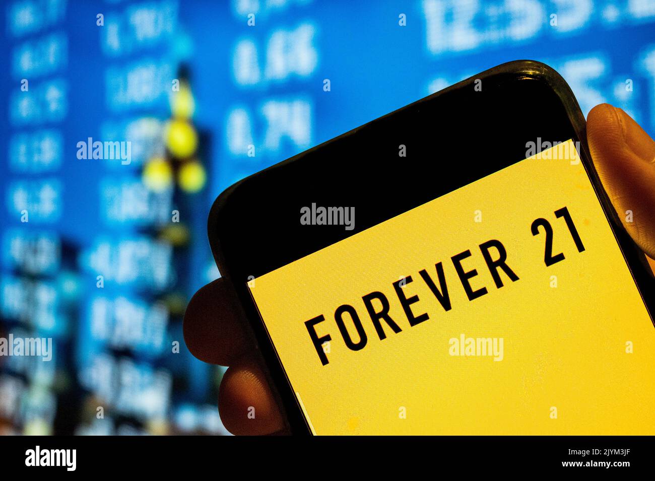 China. 25th July, 2022. In this photo illustration, the American fashion retailer Forever 21 logo is displayed on a smartphone screen. (Credit Image: © Budrul Chukrut/SOPA Images via ZUMA Press Wire) Stock Photo
