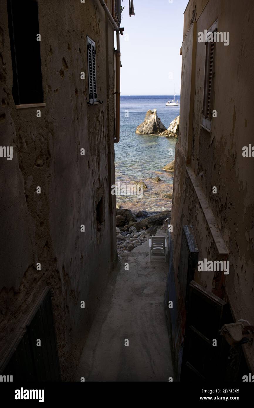 the characteristic alleys on the sea of the fishing village of Chianalea in Scilla Calabria Stock Photo