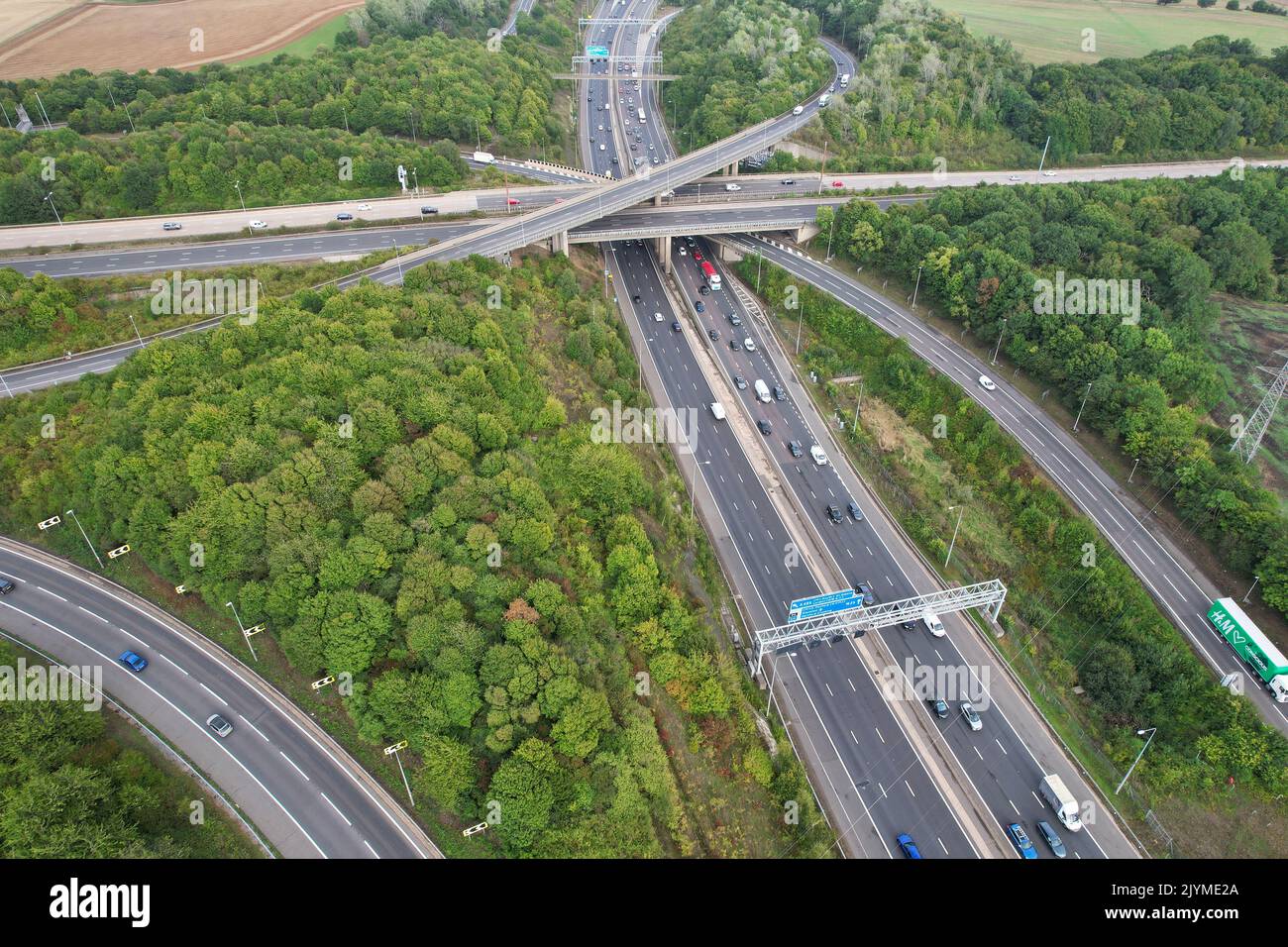 British Motorways and Highways Road with Traffic, high angle drone's ...