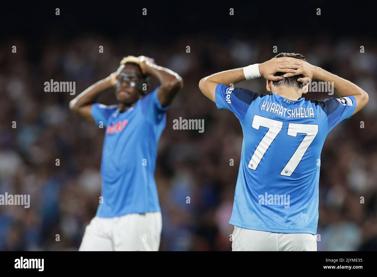 Khvicha Kvaratskhelia of SSC Napoli dejection and Victor Osimhen during the Champions League Group A football match between SSC Napoli and Liverpool F Stock Photo