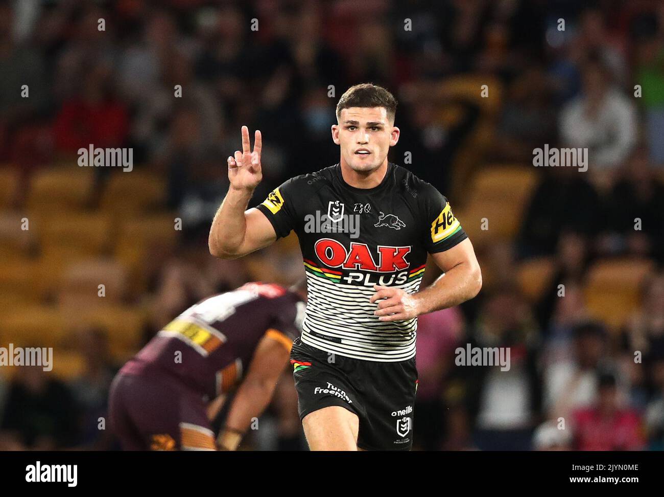 Nathan Cleary of the Panthers celebrates after kicking a 2 point field goal during the Round 6