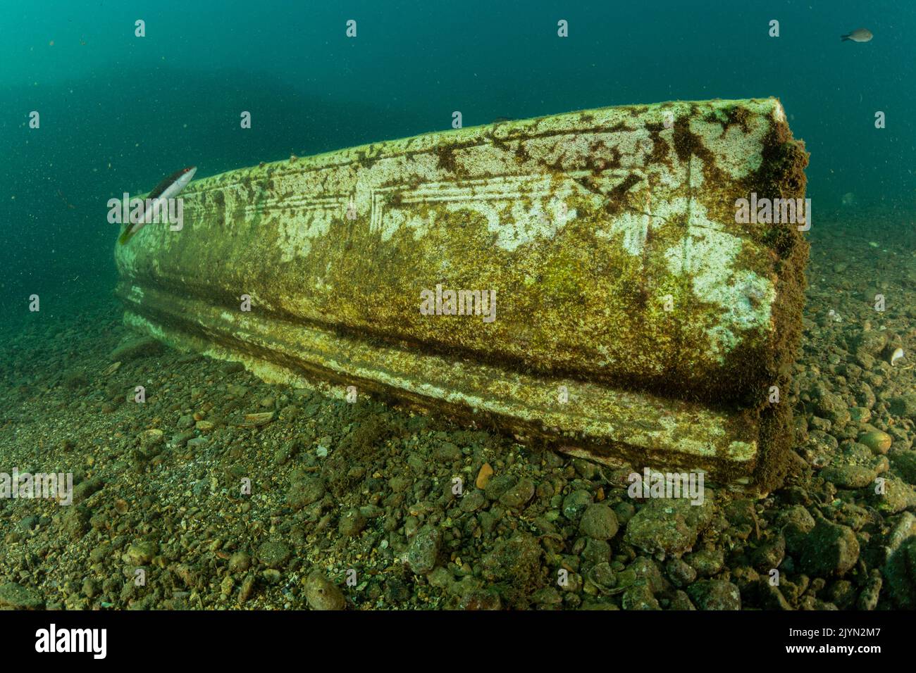 Worked marble beam, located in the submerged Nymphaeum of Emperor Claudius, near Punta Epitaffio , Marine Protected Area of Baia, Naples, Italy, Tyrrhenian Sea Stock Photo