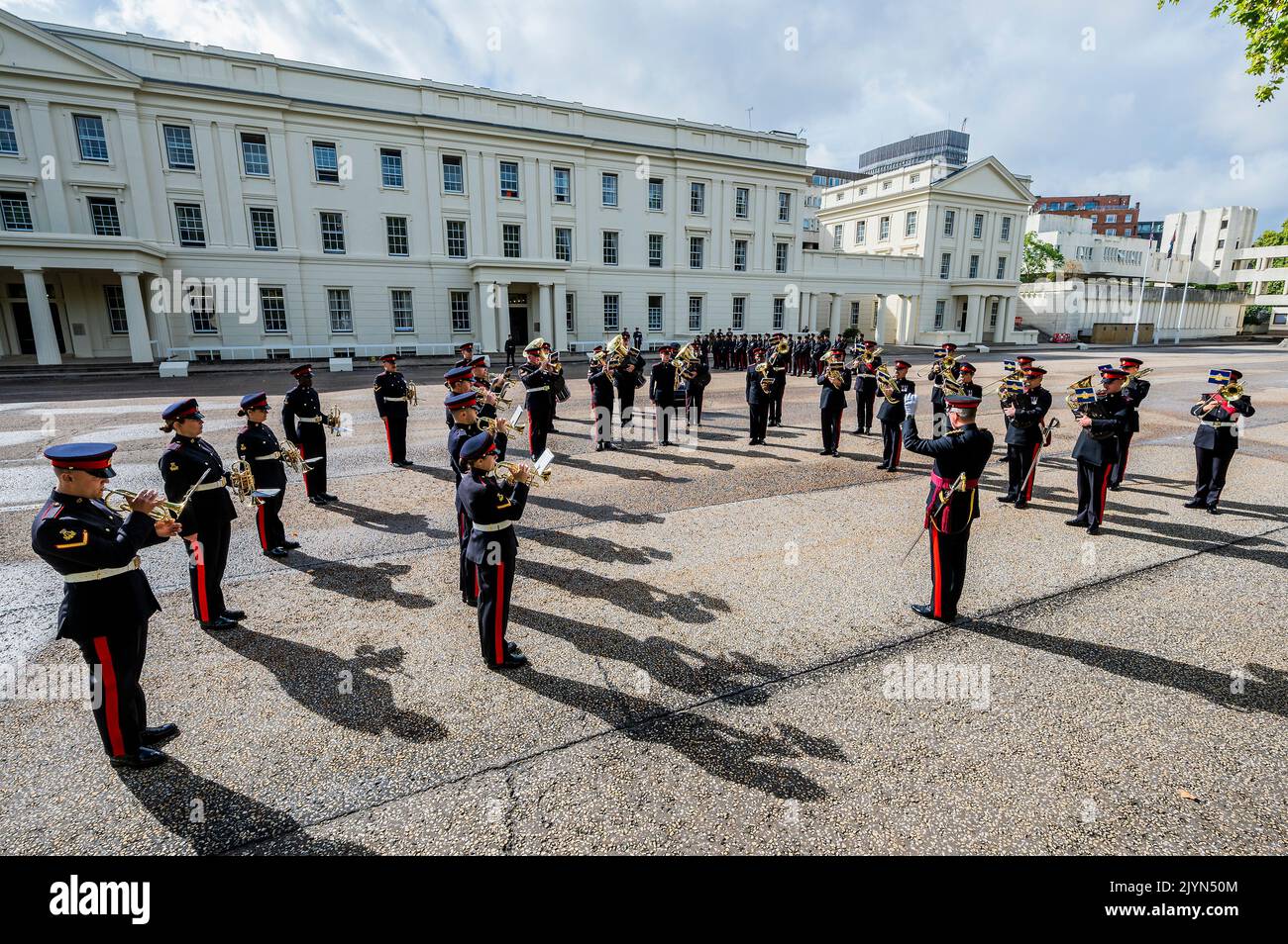 London, UK. 8th Sep, 2022. Music played by Band Tidworth - Inspection to judge whether soldiers from 94 Squadron The Queen's Own Gurkha Logistic Regiment are fit for role as potential future Queen's Guards, at the home of the Guards in London, Wellington Barracks. Credit: Guy Bell/Alamy Live News Stock Photo