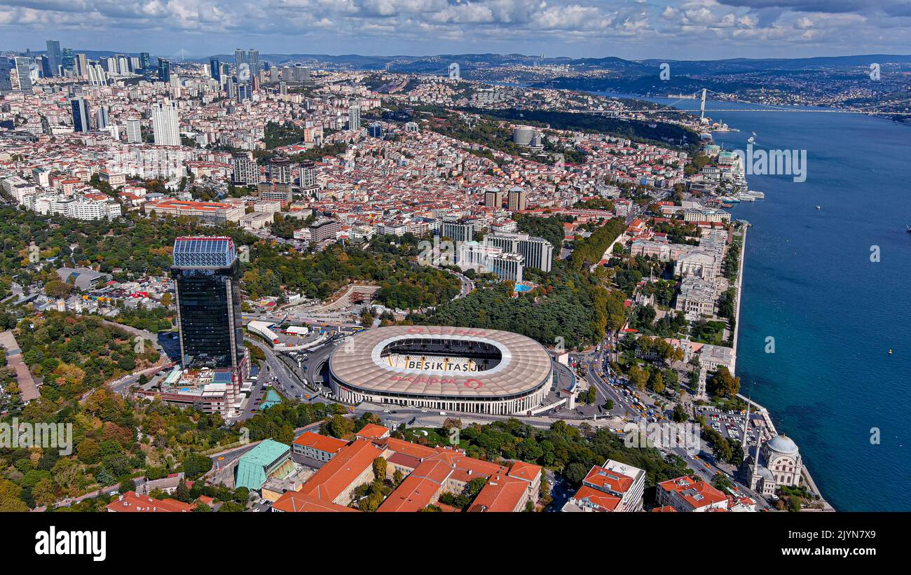 OCTOBER 6, 2021, Istanbul, Turkey : Bird's-eye overhead view of Vodafone Park Besiktas JK stadium arena and Dolmabahce Palace Mosque in Istanbul Stock Photo