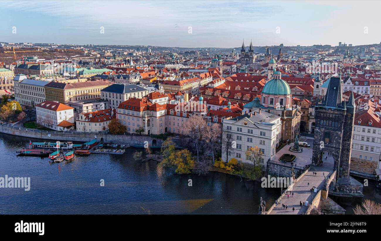 Aerial view Charles Bridge and architecture of the old town in Prague, Czech republic. Drone view world famous Charles Bridge (Karluv most) in Prague Stock Photo