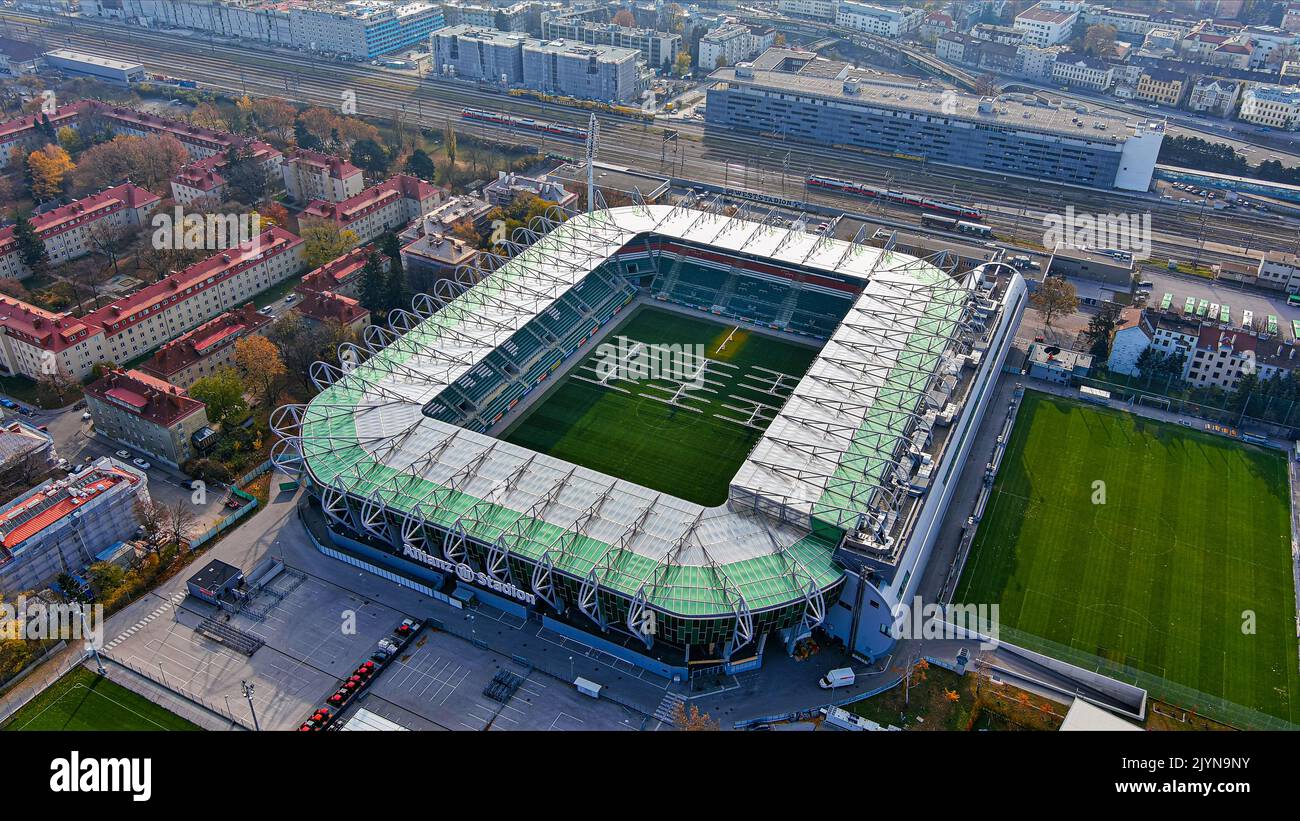 NOVEMBER 20, 2021, Vienna, Austria : Allianz Stadion is new stadium of SK Rapid Wien. Replaces the old Gerhard Hanappi Stadion. Aerial view of Allianz Stock Photo