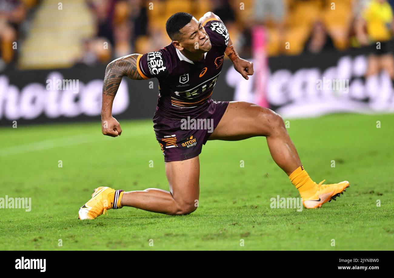 Issako Jamayne Isaako of the Broncos celebrates scoring a try during the Round ...