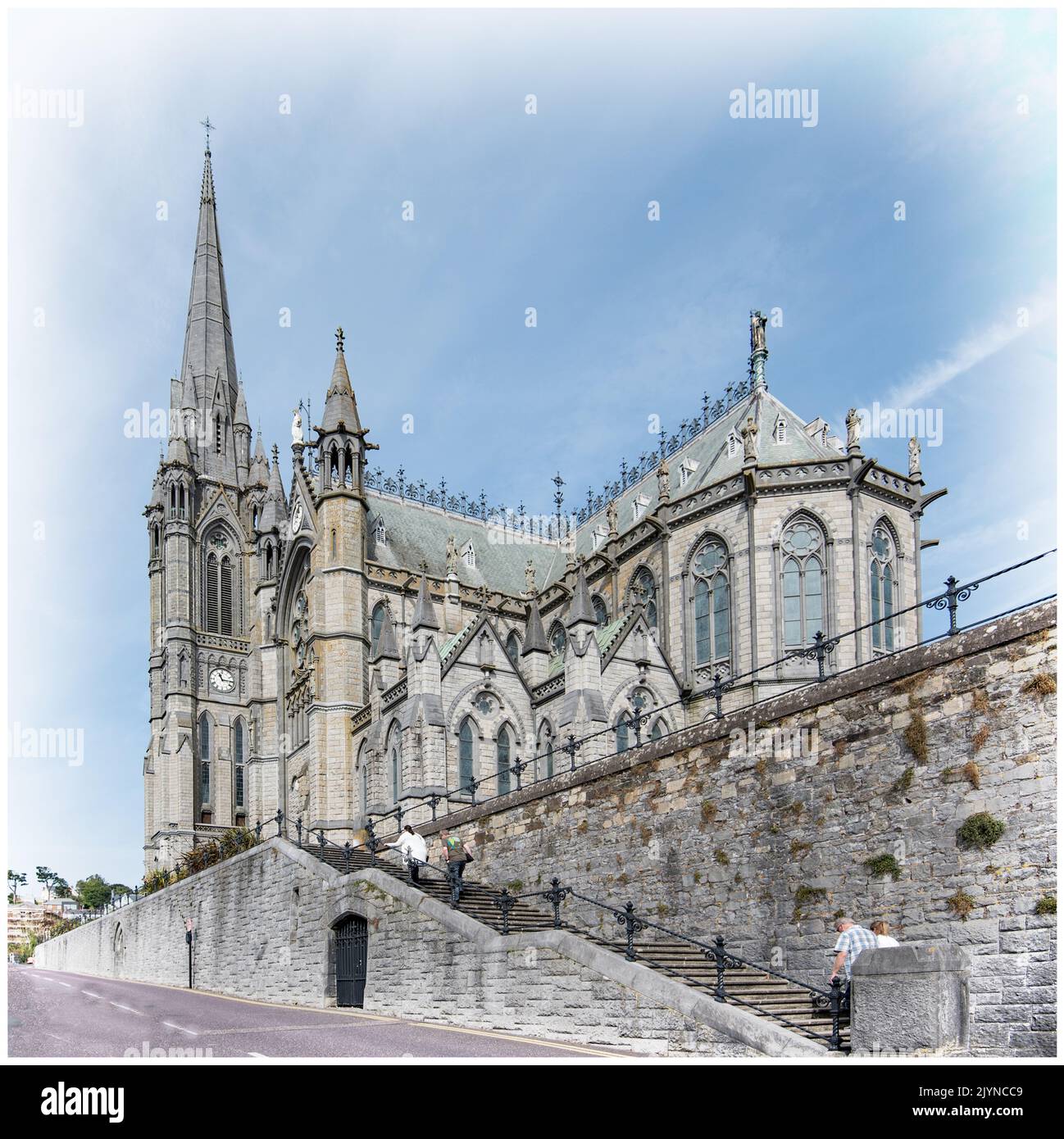 The main entrance to Cobh Cathedral, known as St Colman's Cathedral,  the tallest church in Ireland  complete with a  high, landmark spire. Stock Photo